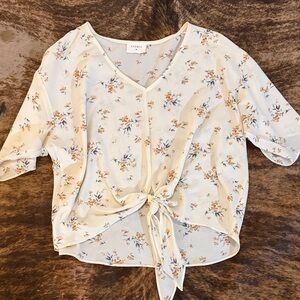 Everly Cream Floral Tie-Front V-Neck Blouse with Blue and Gold Accents